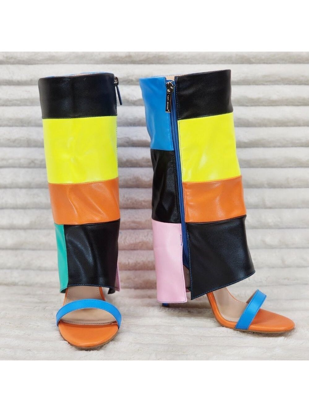 Paris Color Block Stiletto Fold Over Skirted Shootie Boot Sandals - Picture 11 of 15